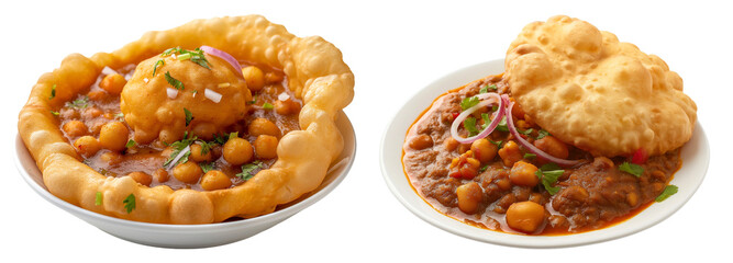 Set of Chole bhature is a North Indian food dish. A combination of chana masala and bhatura or puri. Isolated top view on transparent background, cutout png