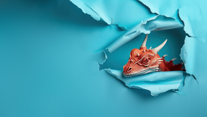 Artistic digital depiction of a red dragon face emerging from a ripped blue backdrop