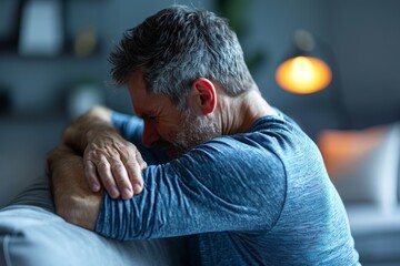 Image shows a distressed man holding his neck and shoulder indicating pain or discomfort