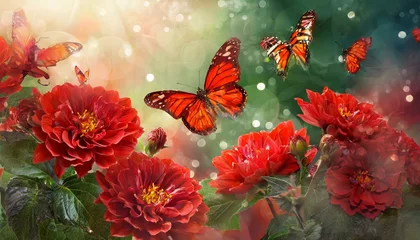 Fotobehang butterfly on flower background,Against a backdrop of vibrant green foliage and colorful blossoms, a delicate butterfly alights gracefully upon a blooming flower, creating a scene o © Baloushi