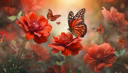 Fotobehang butterfly on flower background,Against a backdrop of vibrant green foliage and colorful blossoms, a delicate butterfly alights gracefully upon a blooming flower, creating a scene of natural  © Baloushi