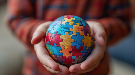 World autism awareness day card or banner, autistic kid holding colorful world globe made of puzzles , autism: Advocating for Inclusion and Support