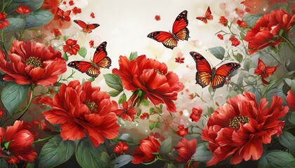 butterfly on flower background,Against a backdrop of vibrant green foliage and colorful blossoms, a delicate butterfly alights gracefully upon a blooming flower, creating a scene of natural  - obrazy, fototapety, plakaty