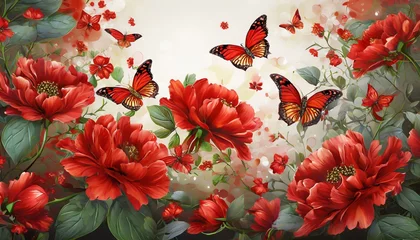 Fotobehang butterfly on flower background,Against a backdrop of vibrant green foliage and colorful blossoms, a delicate butterfly alights gracefully upon a blooming flower, creating a scene of natural  © Baloushi
