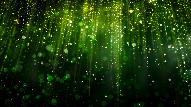 Shiny green glitter rain draping down on black background. generative AI © Malaika