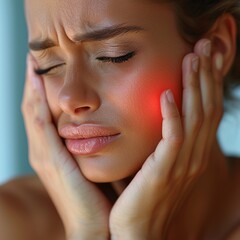 A woman in acute pain with prominent red spot on her cheek, indicative of swelling or infection