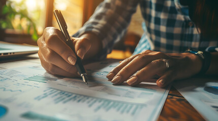 A close-up of a hand holding a pen and writing on a financial planning document, with details of the person's concentration, the document's details, and the pen's fine tip. - obrazy, fototapety, plakaty