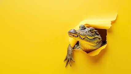 A detailed image depicting a crocodile peeking through a torn yellow paper, symbolizing surprise...