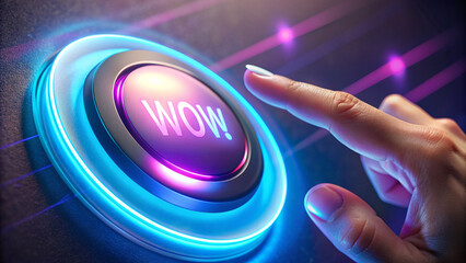 Finger Hovering Over 'WOW!' Effect Push Button with Neon Lights
