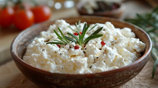 Fresh cottage cheese garnished with herbs in a rustic bowl, healthy food concept
