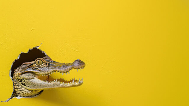 Close-up of a crocodile's head with open jaws contrasted against a plain yellow background conveying power and danger