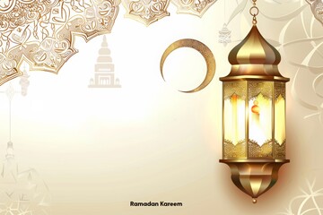 Elegant Ramadan Kareem banner with golden lanterns and mosque silhouette on a pastel background. Background for an Islamic holiday card, Iftar party invitation