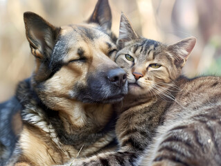 A dog and a cat embrace each other, showing love and affection