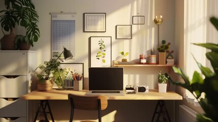 Minimalist home office with a desk, laptop, plants, and motivational posters.