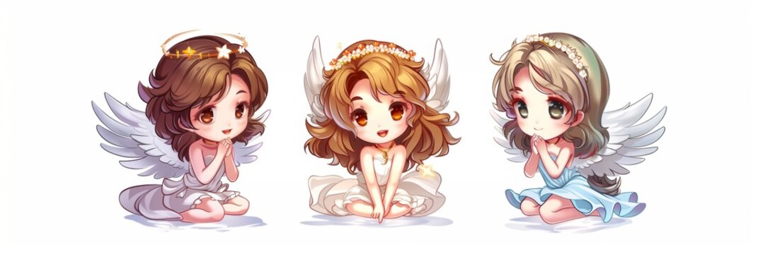 Collection sets of cute cartoon character angel with wings