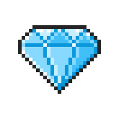 Obraz premium Pixel blue diamond isolated on white background. Gemstone icon. Slot machine or video game item. Vector pixel art illustration in 8-bit old style.