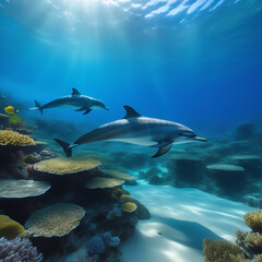 Fototapeta na wymiar Dolphin on the ocean floor. undersea world