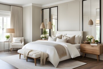 modern bedroom with pillows on bed