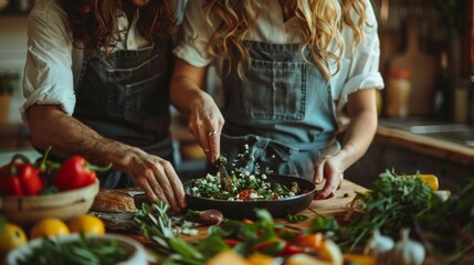 Loving couple enjoys cooking together with fresh goat cheese - obrazy, fototapety, plakaty
