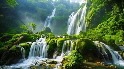 A majestic waterfall cascading down moss-covered rocks in a lush, green forest, surrounded by the sounds of nature