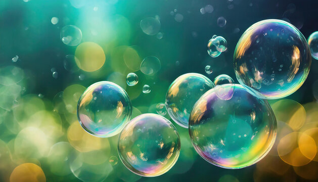 Close-up of soap bubbles floating in the air. Blurred background.