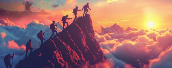 Teamwork at sunrise on mountain, symbolizing support and active lifestyle. - obrazy, fototapety, plakaty