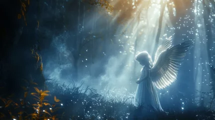 Poster Beautiful angel with wings in misty enchanted forest with sunlight rays. © Joyce