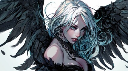 Close-up portrait of a dark angel in cartoon style