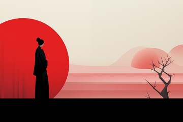 geisha, man on the background of dawn and sunset, drawing in a minimalist style, Asia, Japan