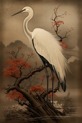 Naklejka premium a crane in a blooming garden poster in Asian style