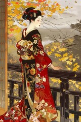 japanese geisha in kimono, Japanese engraving