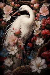 Naklejka premium a crane in a blooming garden poster in Asian style