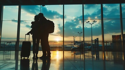 The silhouette of a couple hugging in an airport with the sunset in the background.