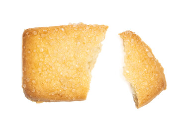 Broken of danish butter cookies the finnish bread cookie top view isolated on white background clipping path