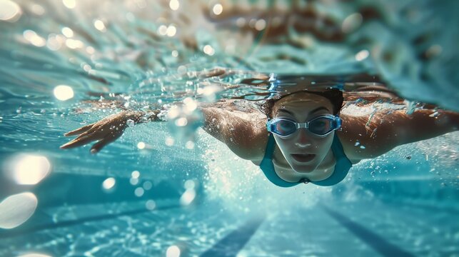 Underwater view of female swimmer in clear pool waters.