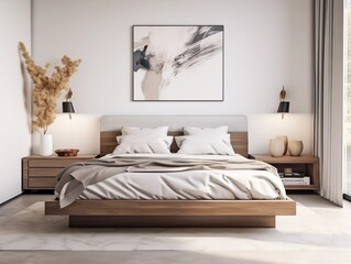 Fototapeta na wymiar modern bedroom that serves as a sanctuary of calm and minimalist luxury. This space is designed with a refined aesthetic, featuring a monochromatic color scheme with subtle textures and sophisticated