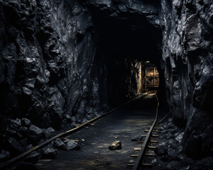 Fototapeta na wymiar Entrance to coal mine, dark tunnel with tracks for coal carts. Industrial coal mining concept.