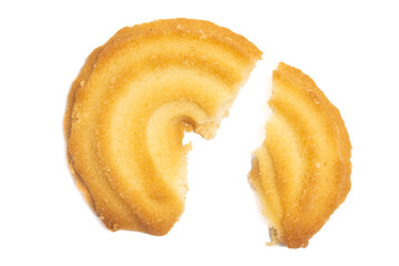 Broken of danish butter cookies the vanilla ring cookie top view isolated on white background clipping path