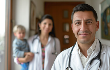 A smiling doctor with a happy nurse and child on the background