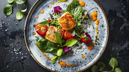 Artful vegan meal on a plate, showcasing gourmet plant-based cuisine.