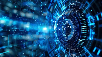 3D rendering of a futuristic user interface with a glowing blue circle in the center.