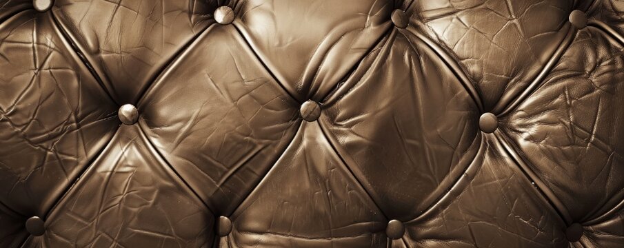 Sepia-toned luxurious buttoned brown leather image, oozing opulence.
