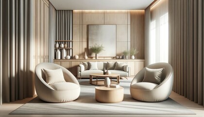 Elegant minimalist interior with neutral tones featuring comfortable furniture, wooden accents, and natural light in a modern living room.