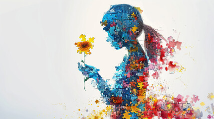 World autism awareness day card or banner, autistic girl playing with colorful puzzle flowers