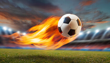 Naklejka premium Soccer ball in flames, soccer match in a stadium, motion blur