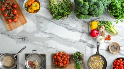 Vegan cooking in modern kitchen with vegetables on marble. - obrazy, fototapety, plakaty
