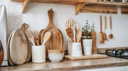 A modern minimalist kitchen with eco-friendly bamboo utensils and zero waste products, promoting sustainable living - obrazy, fototapety, plakaty