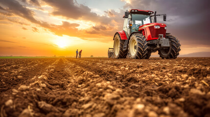 free space for title banner with Photography shot of tractor on farm field with farmer standing next to it happy cinematic, daylight, bright saturated colors