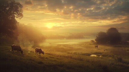 Cows grazing at sunset in a serene countryside field.