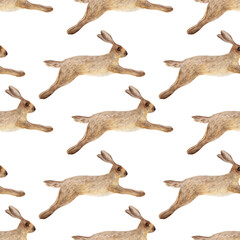 Watercolor hare seamless pattern. A flock of wild hares runs. Jumping mammals on a white background. The illustration is created by hand.